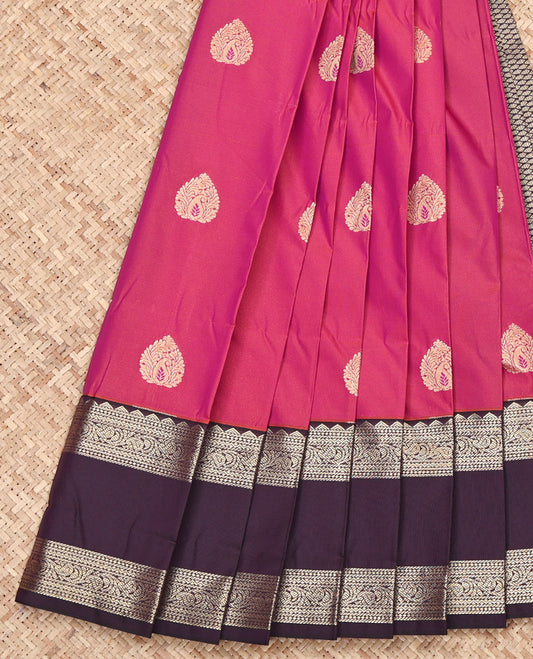 Magenta Budget Silk Saree, Decked Up with Zari Buttas on Its Body, Complemented by a Contrast Traditional Zari Design  Rettai Pettu Border, Grand Jaal Pallu, and Paired with a Contrast Blouse