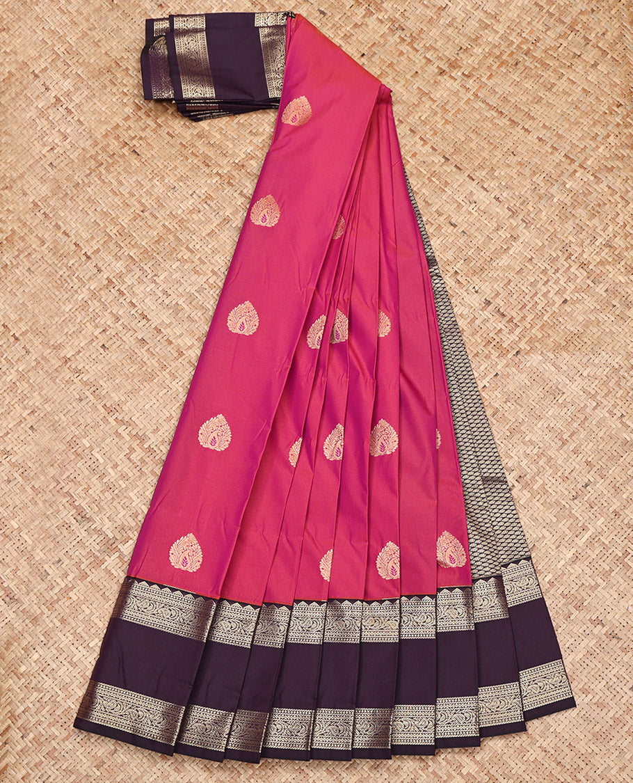 Magenta Budget Silk Saree, Decked Up with Zari Buttas on Its Body, Complemented by a Contrast Traditional Zari Design  Rettai Pettu Border, Grand Jaal Pallu, and Paired with a Contrast Blouse