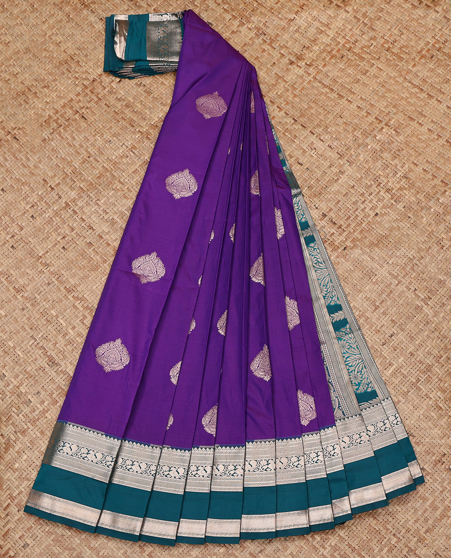 Violet Budget Silk Saree, Bedecked with Zari Buttas All Over Its Body, Complemented by a Contrast Traditional Zari Design Rettai Pettu Border, Intricate Pallu, and Paired with a Contrast Blouse
