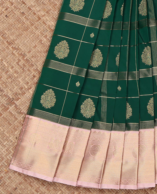 Green Budget Silk Saree, Steeped in Richness of Zari Butta Enclosed Checks on Its Body, Complemented by a Contrast Traditional Zari Design Border, Intricately Designed Pallu, and Paired with a Contrast Blouse