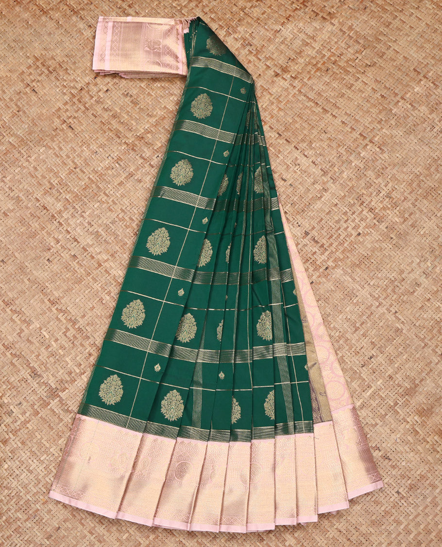 Green Budget Silk Saree, Steeped in Richness of Zari Butta Enclosed Checks on Its Body, Complemented by a Contrast Traditional Zari Design Border, Intricately Designed Pallu, and Paired with a Contrast Blouse
