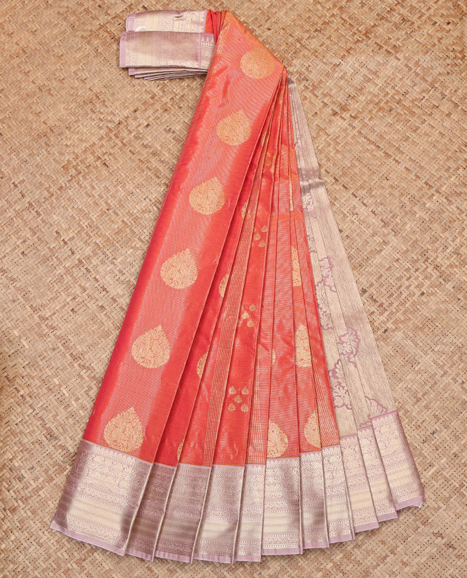 Orange Budget Silk Saree, Gleamed Up with Zari Buttas and Stripes, Contrast Traditional Zari Design Featured Border, Grand Decked-Up Pallu, and a Contrast Blouse