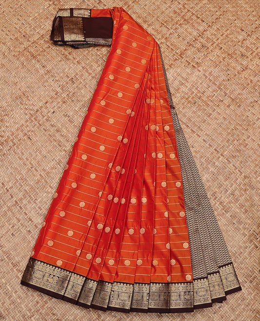 Orange Budget Silk Saree, Detailed with Buttas and Stripes, Complemented by Contrast Traditional Border, Grand Pallu and a Contrast Blouse