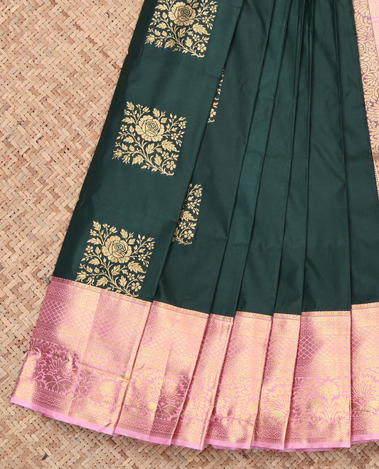 Green Budget Silk Saree, Mesmerized with with Zari Buttas, Contrast Traditional Zari Border, Grand Pallu, and a Contrast Blouse