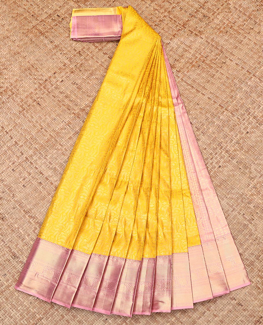 Yellow Budget Silk Saree, Mesmerized with Zari Jacquard Design, Complemented by Contrast Traditional Zari Border, Intricate Pallu, and Contrast Blouse