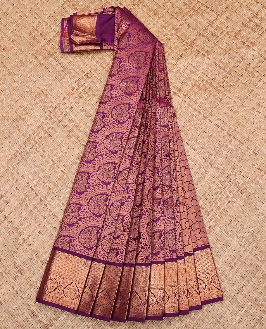 Purple Budget Silk Saree, Detailed with Jacquard Design, Highlighted by a Traditional Zari Border, Intricately Designed Pallu, and a Contrast Blouse