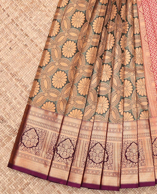 Grey Budget Silk Saree, Opulently Embellished with Jacquard Design, Complemented by a Contrast Traditional Zari Border, Jaal Pallu, and a Contrast Blouse