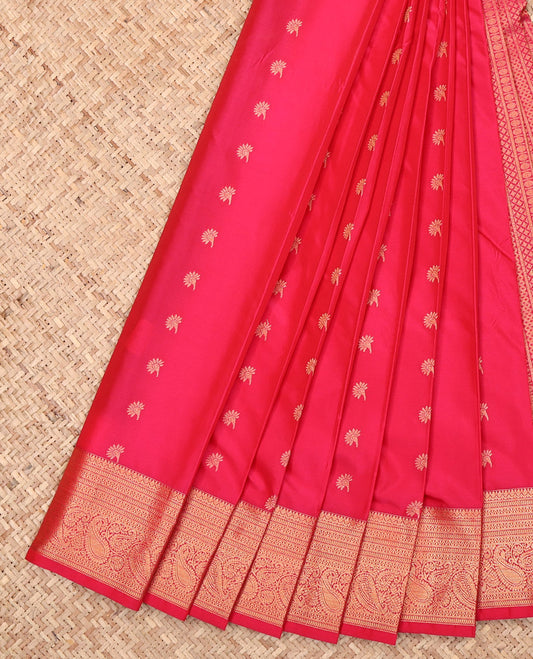 Pink Budget Silk Saree, Ornamented with Zari Buttas, Highlighted by a Traditional Zari Border, Geometric Pallu, and a Matching Blouse