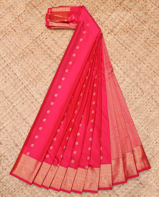 Pink Budget Silk Saree, Ornamented with Zari Buttas, Highlighted by a Traditional Zari Border, Geometric Pallu, and a Matching Blouse