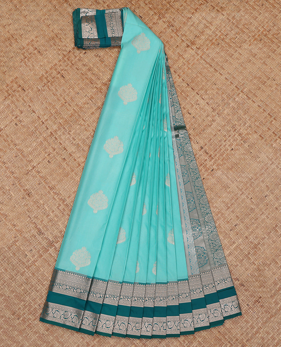 Blue Budget Silk Saree, Sparsely Woven with Zari Buttas, Complemented by a Contrast Traditional Zari Border, Grand Pallu, and a Contrast Blouse