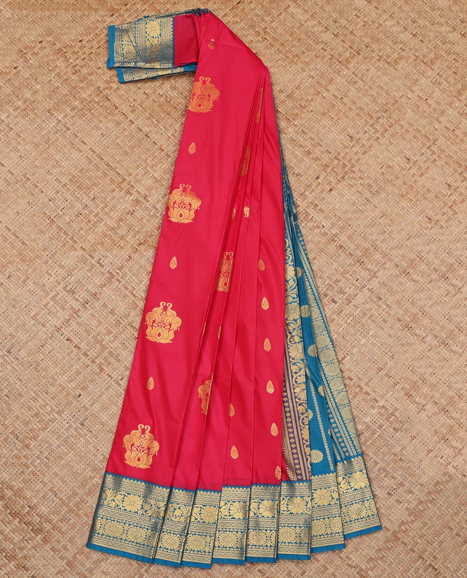 Red Budget Silk Saree, Crafted with Zari Buttas, a Contrast Traditional Zari Border, an Intricate Pallu and a Contrast Blouse