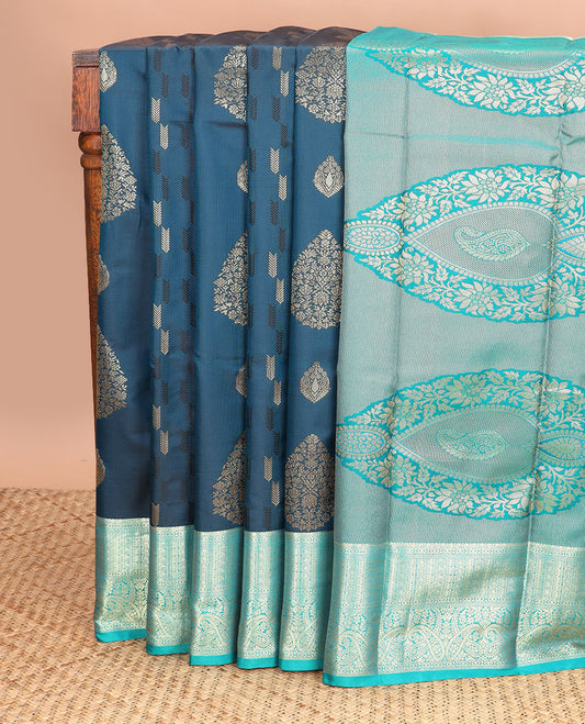 Dark blue floral design gift saree with contrast zari design border & floral design pallu