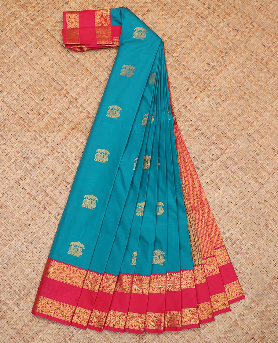 Blue Budget Silk Saree, Bedecked with Peacock Buttas, a Contrast Traditional Zari Rettai Pettu Border, Grand Pallu, and a Contrast Blouse