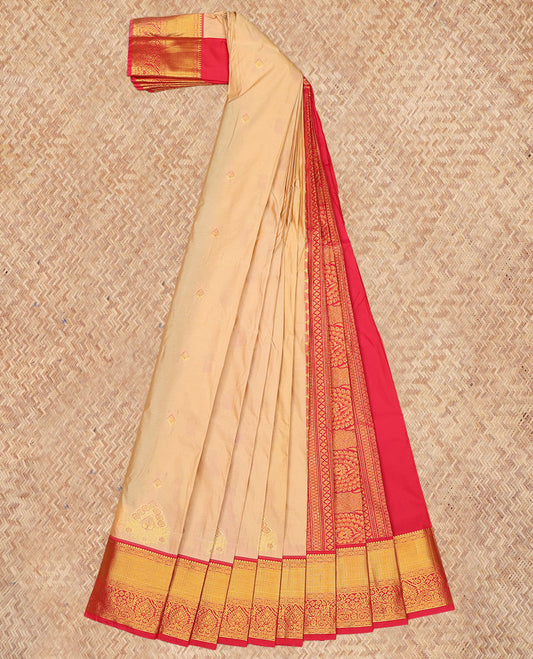 Sandal Budget Silk Saree, Woven with Zari Buttas, a Contrast Traditional Zari Border, Grand Pallu, and a Contrast Blouse