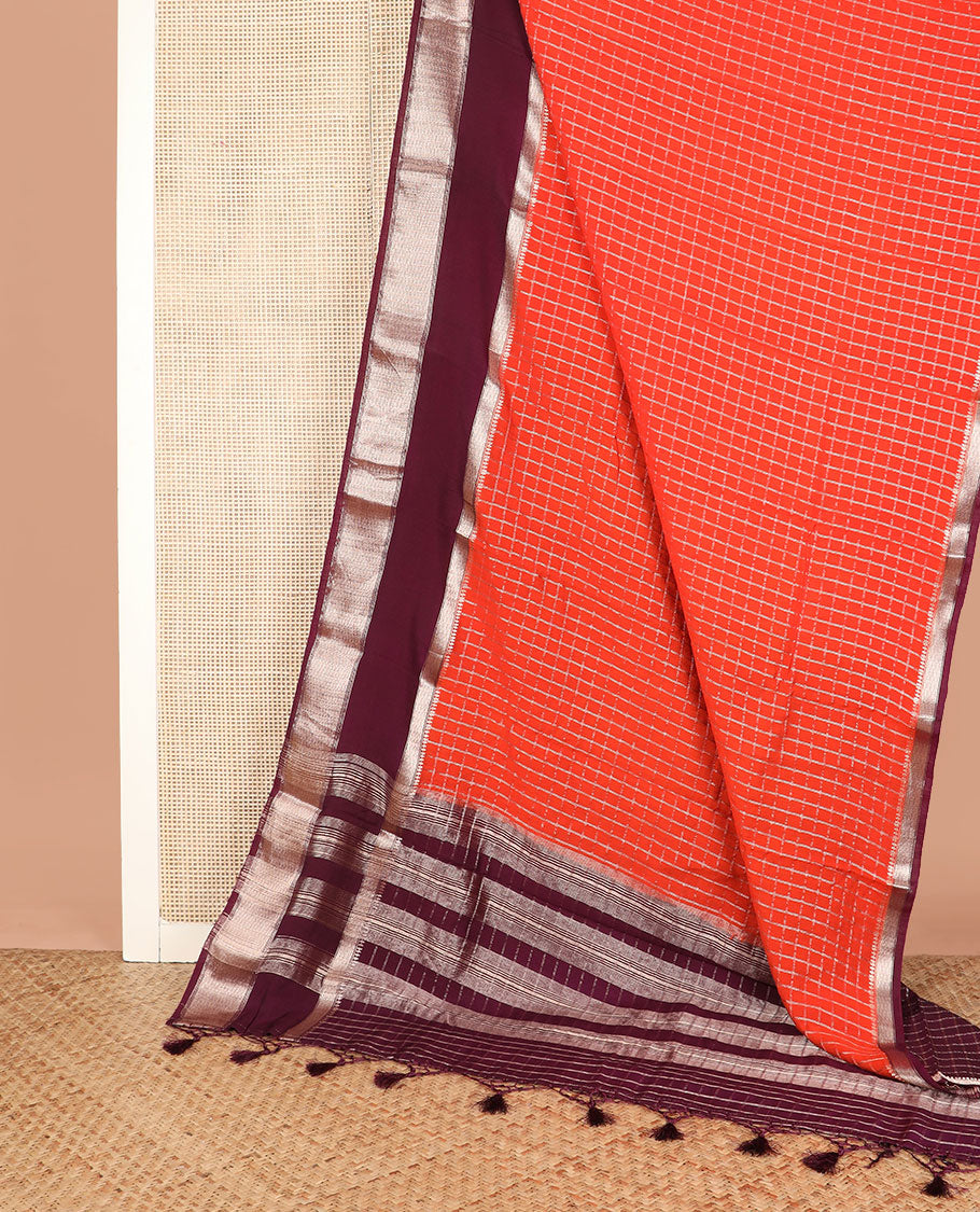 Red zari checked assam silk saree, contrast traditional zari design border, and zari design pallu