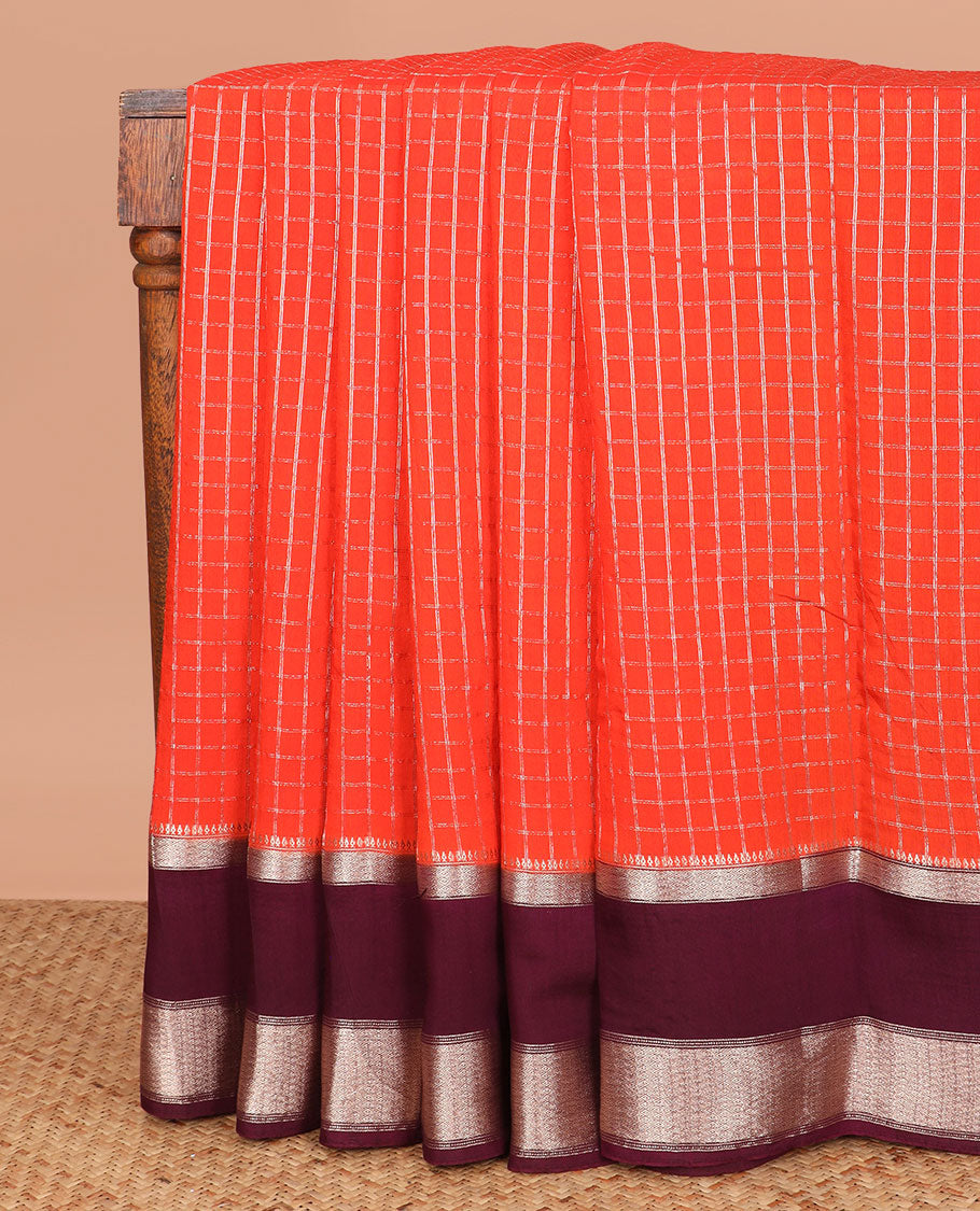 Red zari checked assam silk saree, contrast traditional zari design border, and zari design pallu
