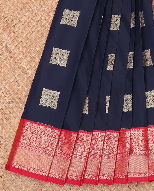 Navy Blue Budget Silk Saree, Graced with Zari Buttas and Checks on Its Body, Complemented by a Contrast Traditional Zari Design Border, Grand Jaal Pallu, and Paired with a Contrast Blouse