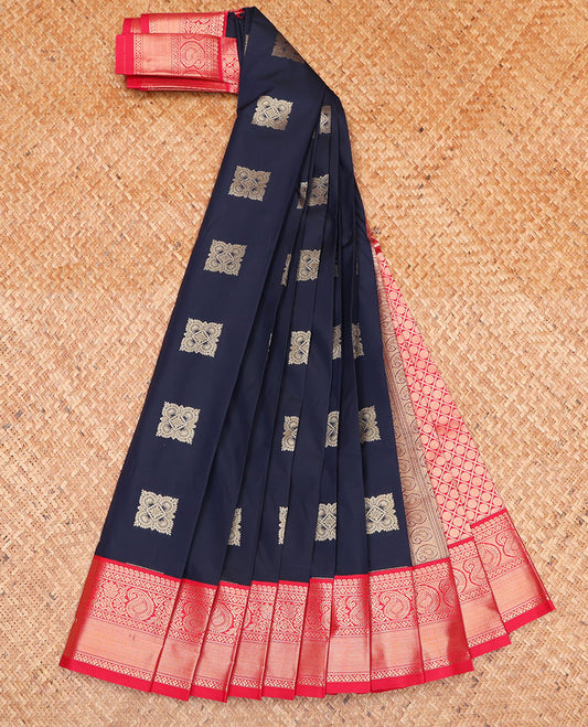 Navy Blue Budget Silk Saree, Graced with Zari Buttas and Checks on Its Body, Complemented by a Contrast Traditional Zari Design Border, Grand Jaal Pallu, and Paired with a Contrast Blouse