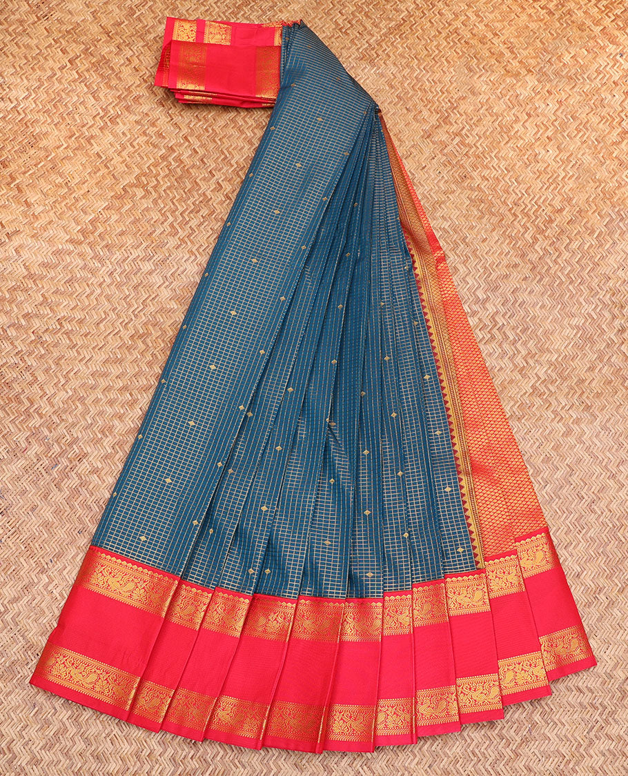 Blue Budget Silk Saree, Delicately Woven with Zari Buttas and Checks, Contrast Traditional Zari Rettai Pettu Border, Grand Jaal Pallu, and a Contrast Blouse