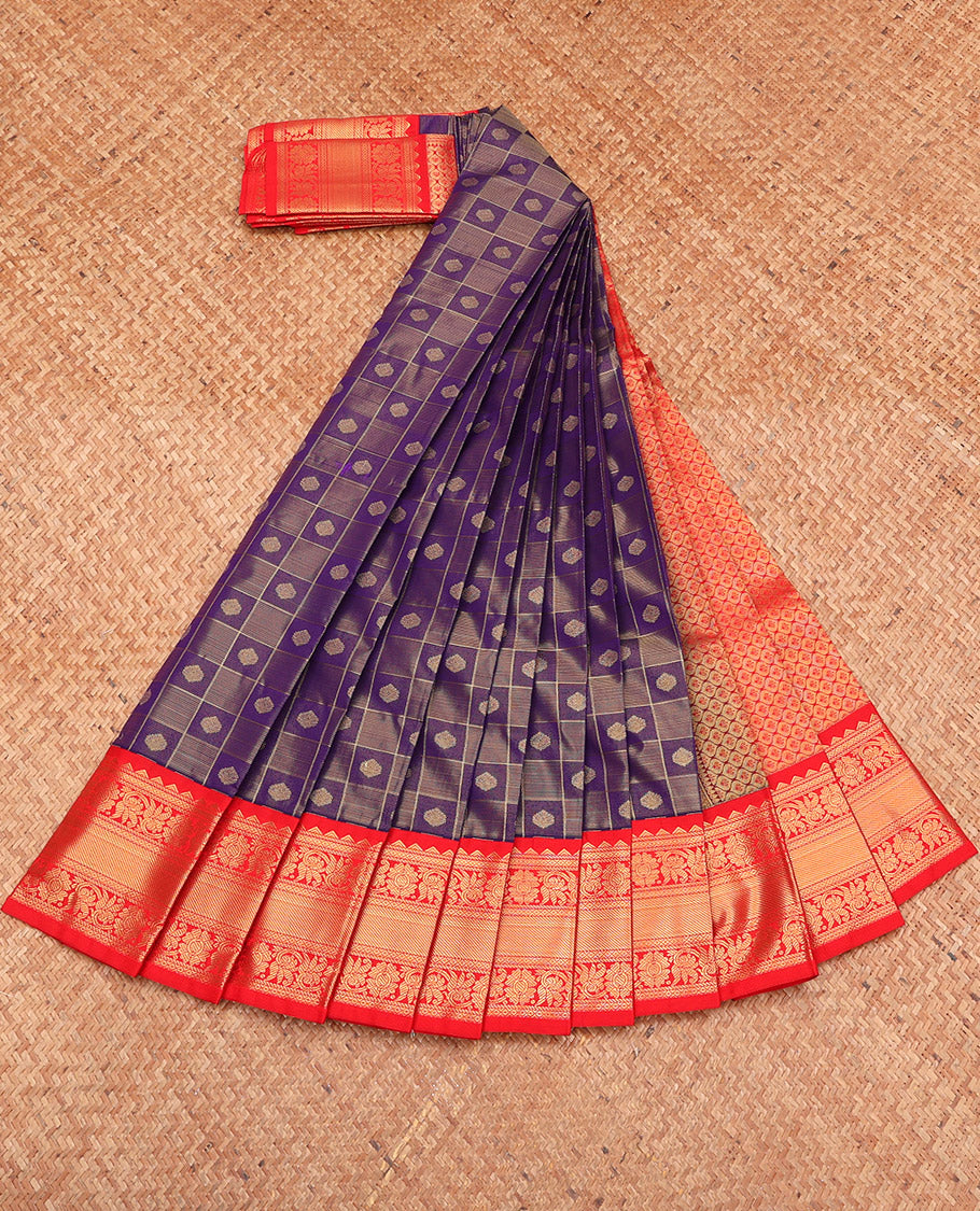 Blue Budget Silk Saree, Richly Detailed with Buttas Enclosed Checks, Complemented by a Contrast Traditional Zari Border, Grand Pallu, and a Contrast Blouse