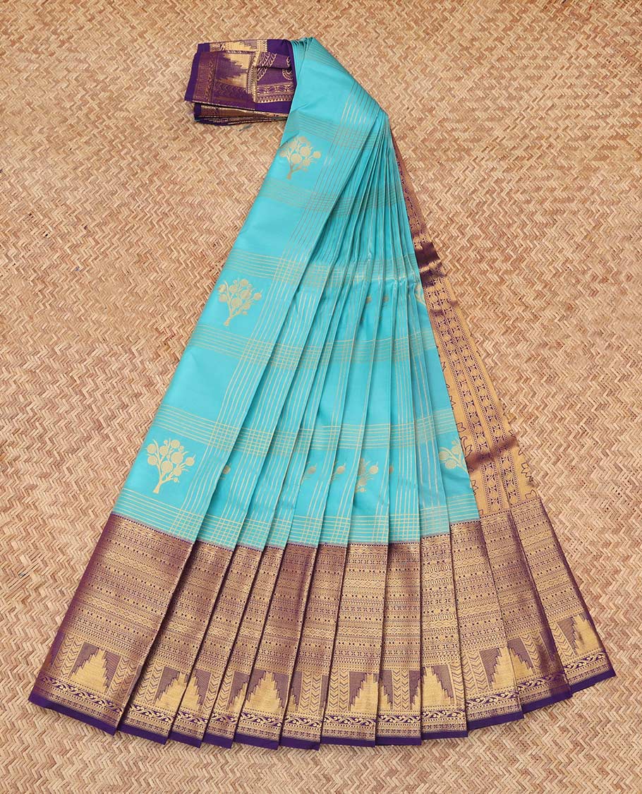 Blue Budget Silk Saree, Ornamented with Zari Buttas and Checks, Complemented by Contrast Traditional Zari Border, a Grand Pallu and a Contrast Blouse