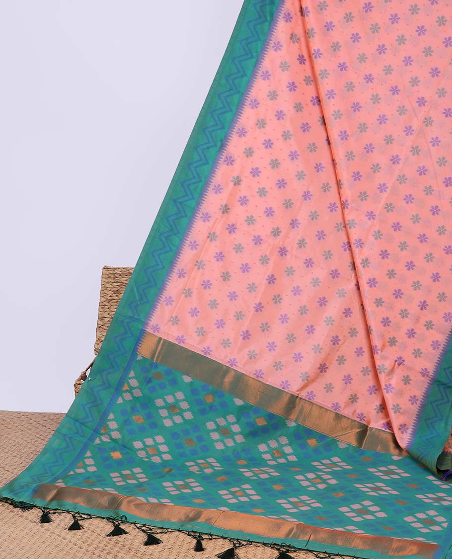 Blue floral motifs butter silk saree with contrast zig zag striped border & geometric motifs pallu