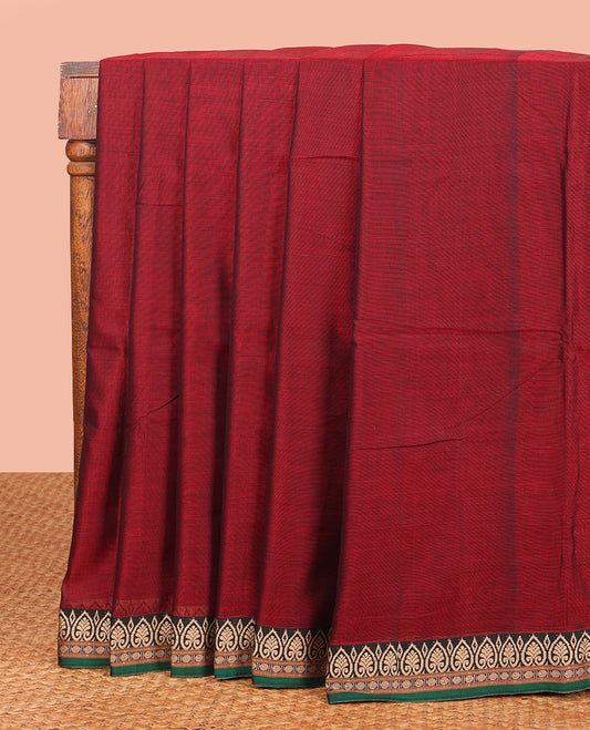 Maroon Plain Narayanpet Cotton Saree, Complemented by a Contrast Traditional Motifs Thread Woven Border, Subtly Striped Pallu, and Paired with a Matching Blouse