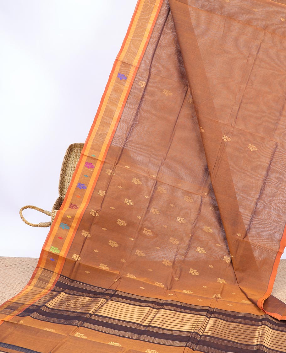 Brown zari buttas Vengatagiri cotton saree, contrast zari border & striped pallu