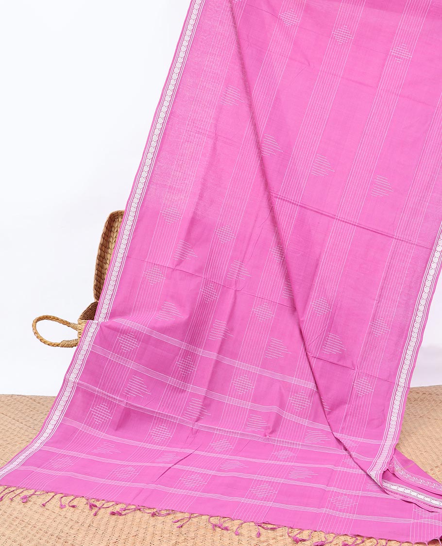 Pink geometric patterned Andhra cotton saree, paisley design border & striped & diamond motifs pallu 