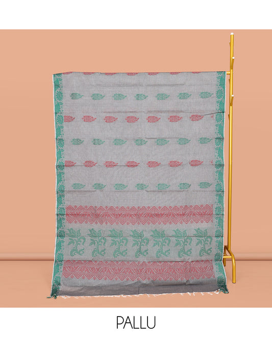 Grey Kanchi Cotton Saree, Steeped with Buttas All Over Its Body, a Subtle Self-Border, Pallu of Floral-Geometric Designs, and Paired with a Matching Blouse