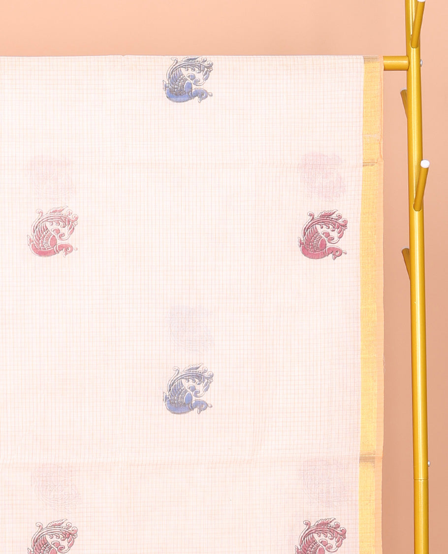 Off-White Venkatagiri Cotton Saree, Crafted with Peacock Buttas and Checks, a Contrast Traditional Zari Border, Pallu of Peacock Buttas and Stripes, and No Blouse