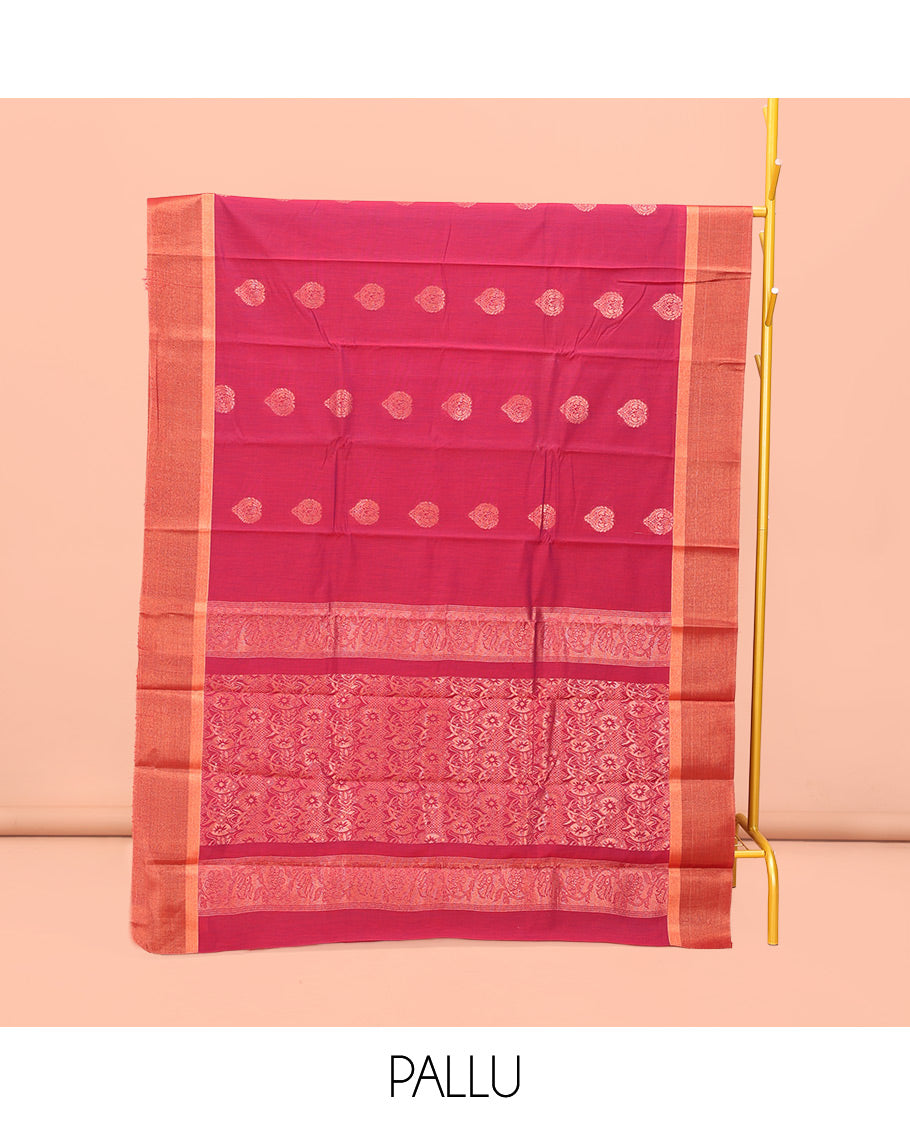 Red Semi-Silk Cotton Saree, Steeped with Zari Buttas on Its Body, Complemented by Contrast Border, Pallu Features Intricate Designs, and Paired with a Matching Blouse