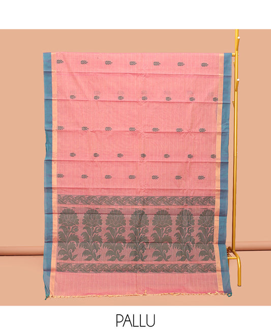 Pink Kanchi Cotton Saree, Decked Up with Buttas and Stripes, Complemented by a Contrast Border, Floral Pallu, and a Matching Blouse