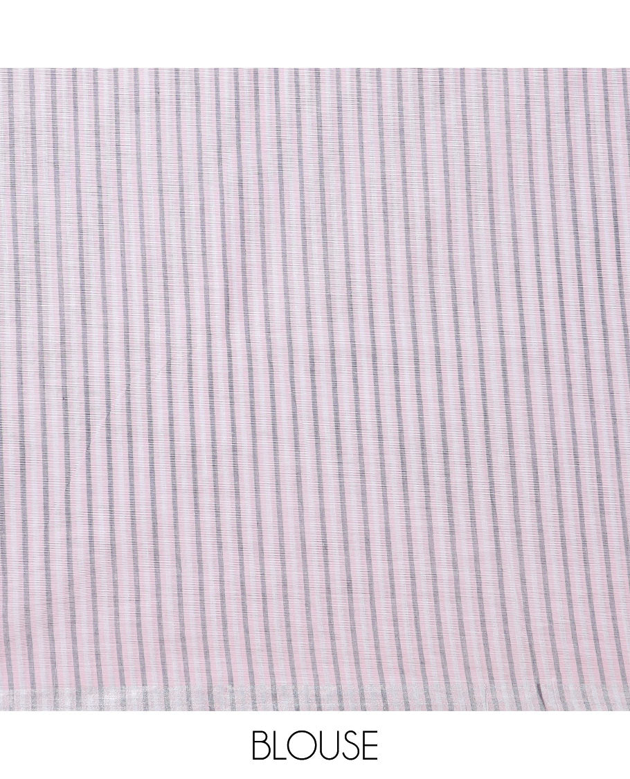 Baby pink striped jute cotton saree, zari piping border & pallu of stripes