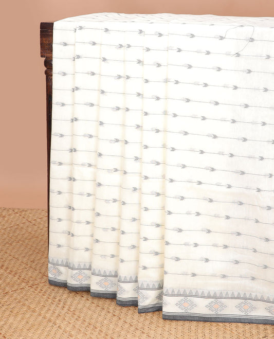 White striped, arrow design ikkat cotton saree with self floral design border & striped pallu