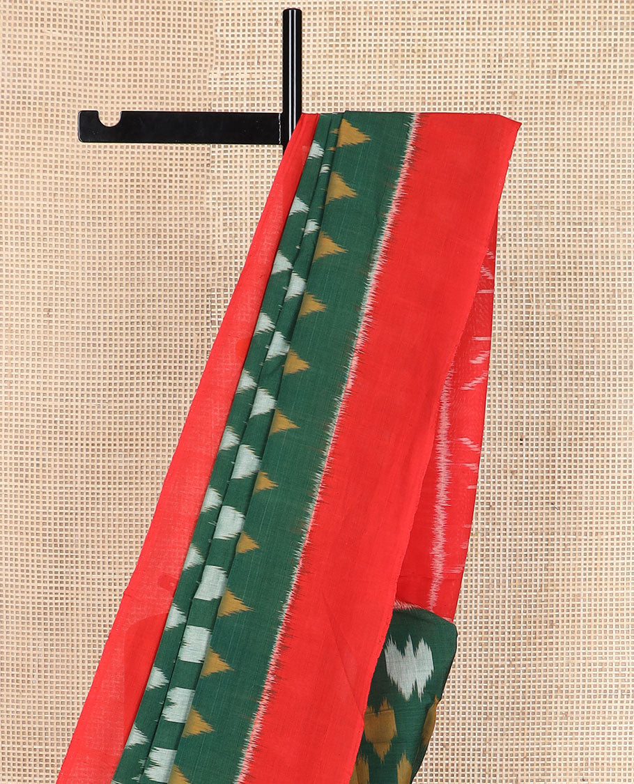 Green heart motifs Pochampally cotton saree, contrast plain border & pallu of ikkat design