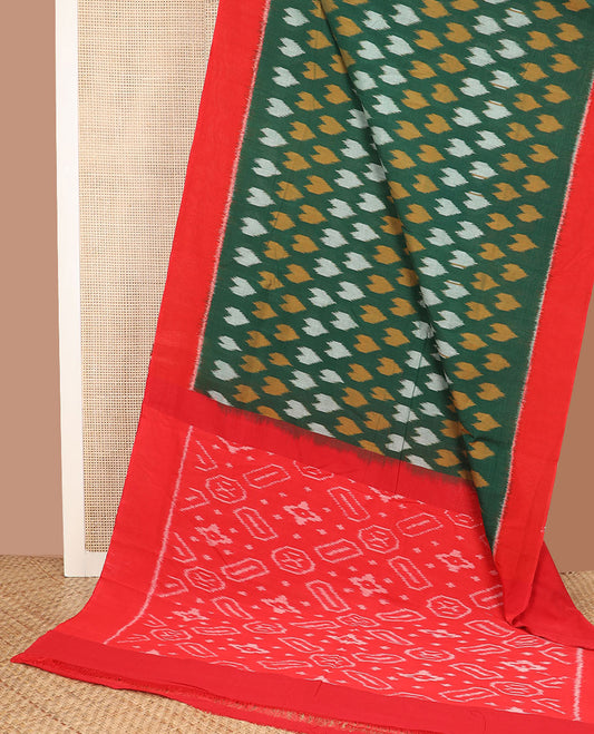 Green heart motifs Pochampally cotton saree, contrast plain border & pallu of ikkat design