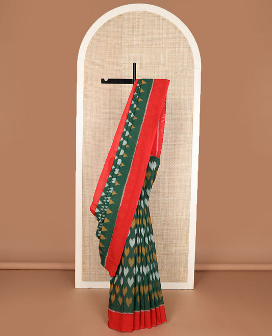 Green heart motifs Pochampally cotton saree, contrast plain border & pallu of ikkat design