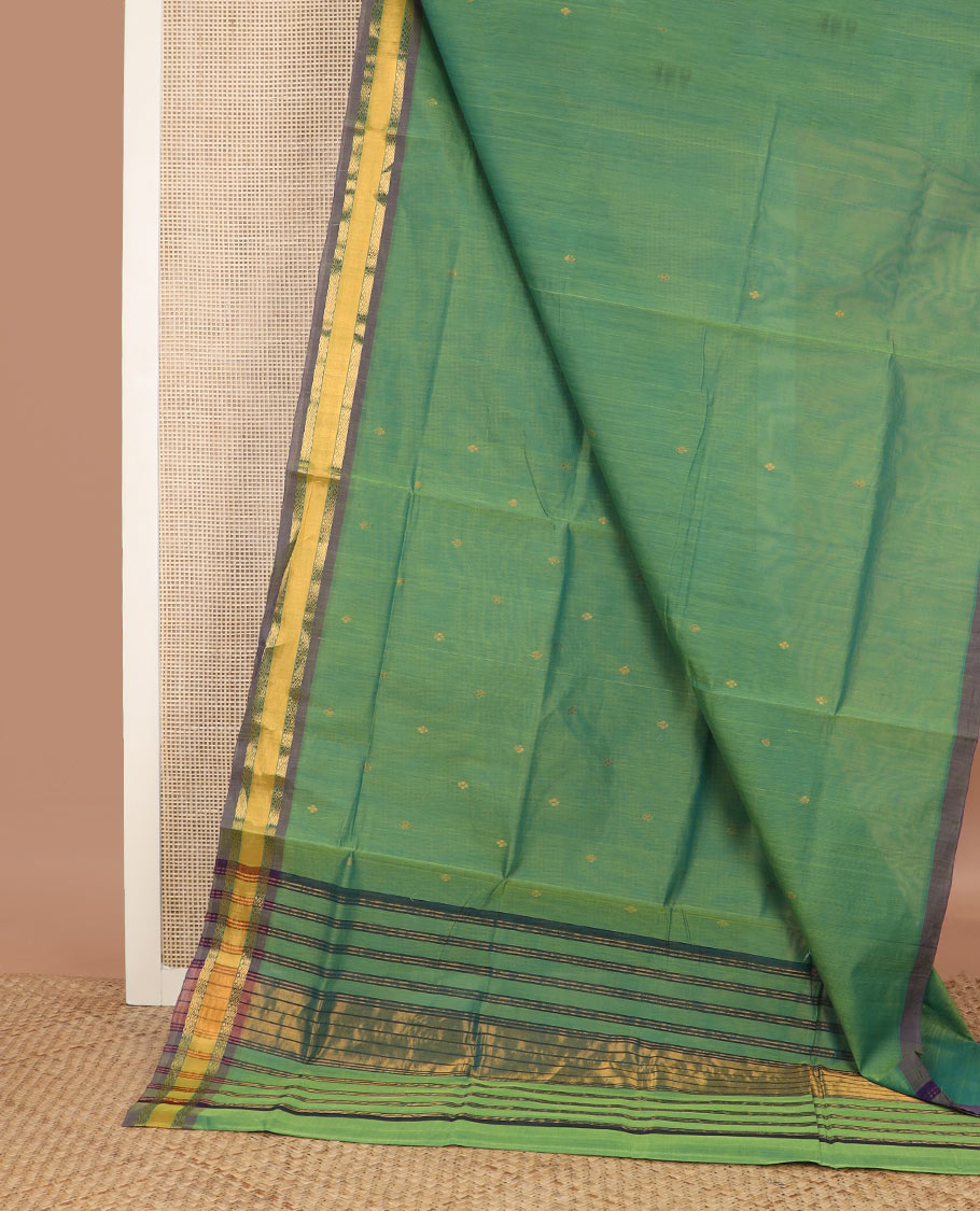 Green zari buttas Venkatagiri cotton saree, contrast zari border & pallu of zari stripes