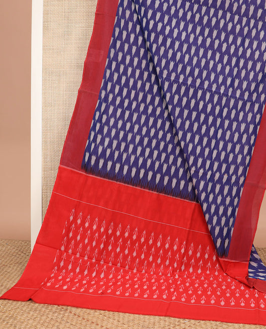 Blue Ikkat Cotton Saree Bedecked with Ikkat Buttas, Complemented by a Contrast Plain Border, and Pallu of Ikkat Floral Patterns