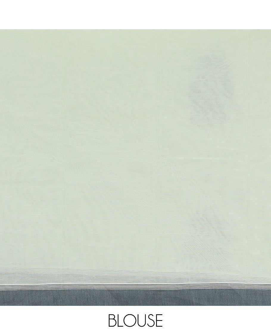 Pastel green buttas kanchi cotton saree, contrast border, and paisley design pallu