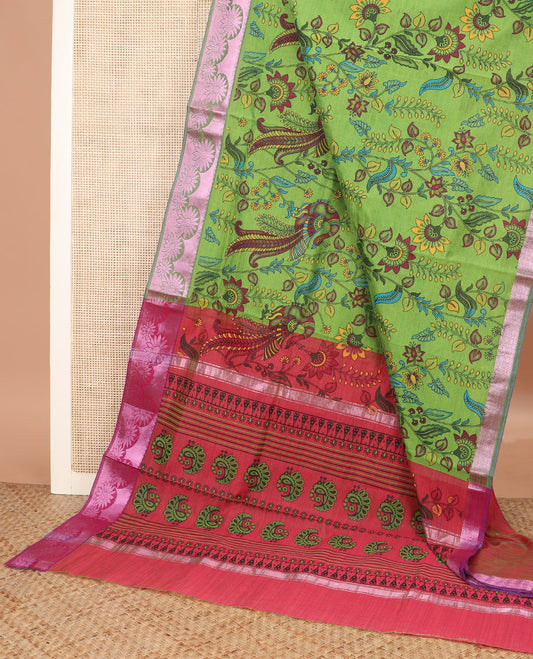 Parrot green kalamkari floral vine, and bird printed Andhra cotton saree, floral creeper zari border, and contrast printed pallu