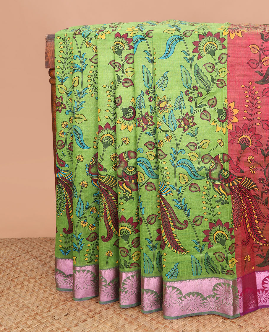 Parrot green kalamkari floral vine, and bird printed Andhra cotton saree, floral creeper zari border, and contrast printed pallu