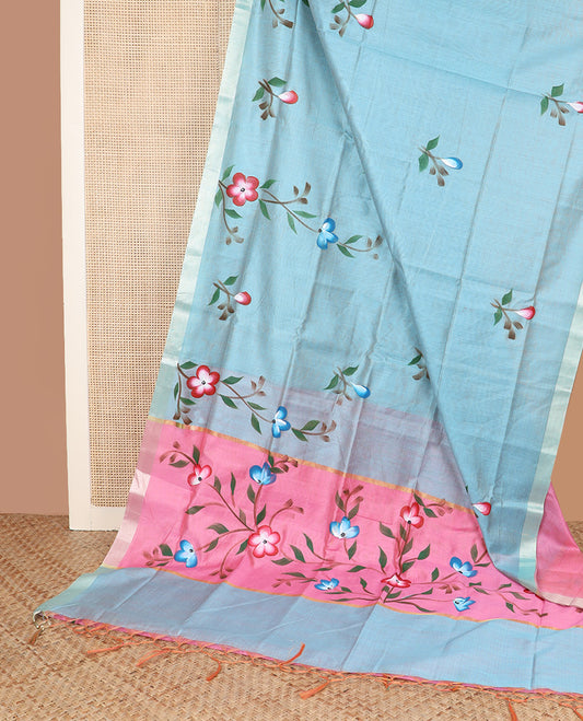 Blue hand-brush painting style floral printed Chirala cotton saree, bavanji border, and hand-brush painting style floral printed pallu
