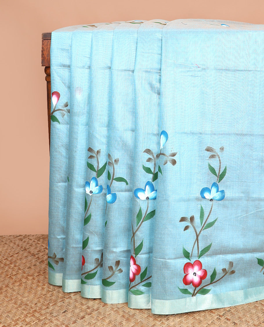 Blue hand-brush painting style floral printed Chirala cotton saree, bavanji border, and hand-brush painting style floral printed pallu