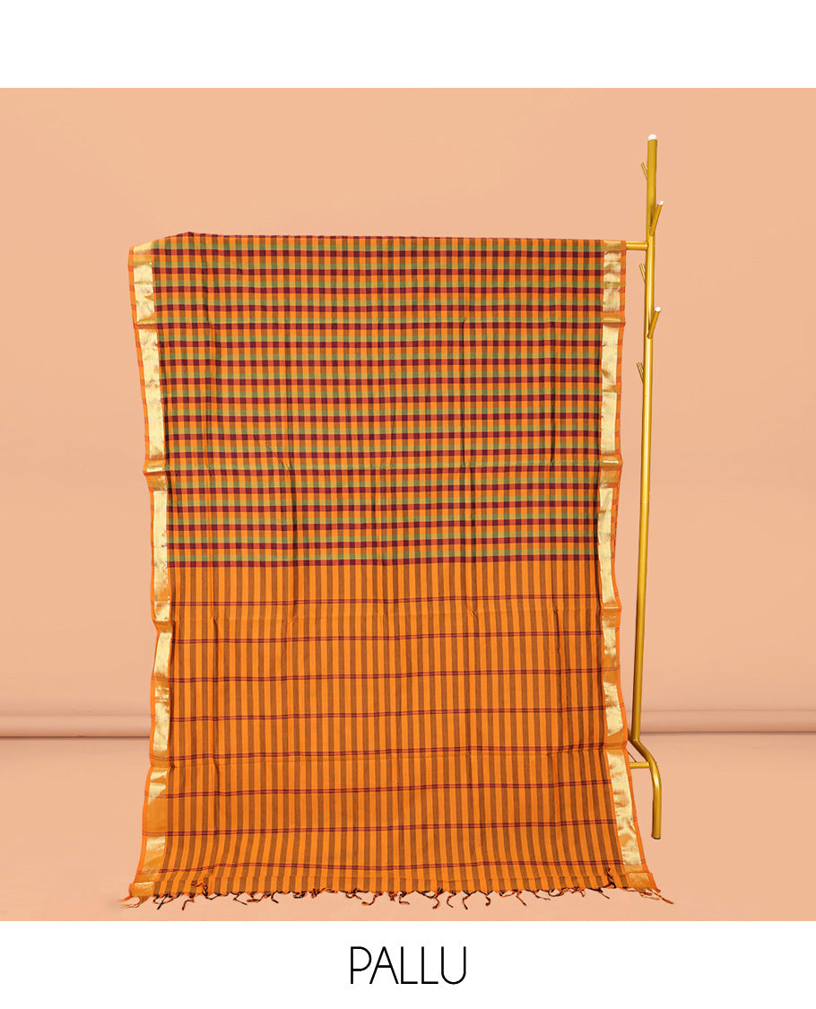Multi-Color Medium-Checked Poly Cotton Saree, Highlighted by Zari Border, Pallu of Stripes, and Paired with a Contrast Blouse