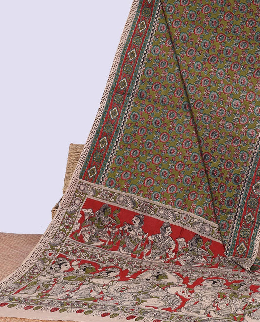 Green floral design machine-printed kalamkari cotton saree with contrast floral design border & human inspried design pallu