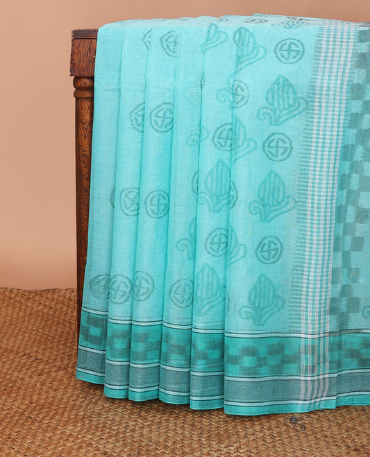 Blue uniquely printed Bengal cotton saree, ikkat-style checked border & uniquely printed pallu