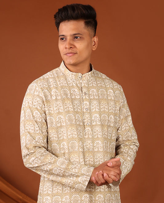 Light Sandal Floral Butta Enclosed Arches Printed Full-Sleeved Men's Kurta