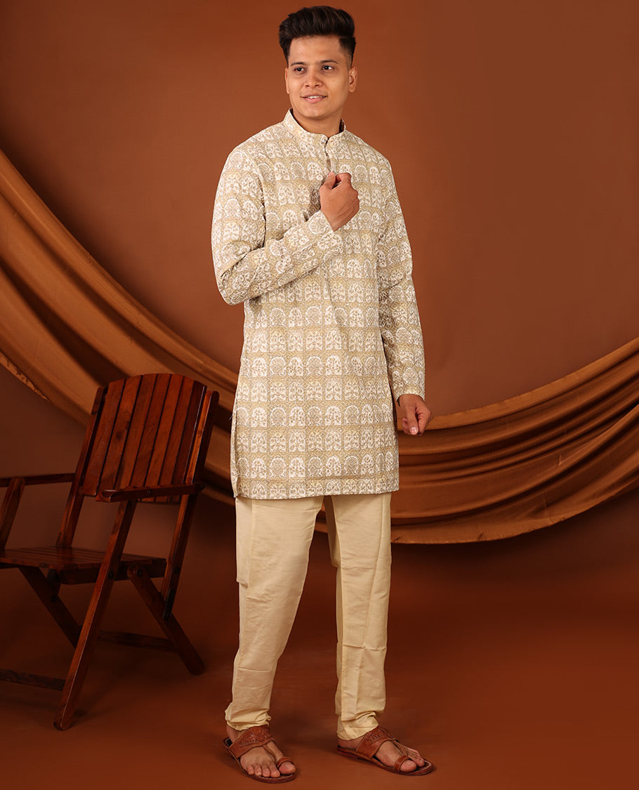 Light Sandal Floral Butta Enclosed Arches Printed Full-Sleeved Men's Kurta